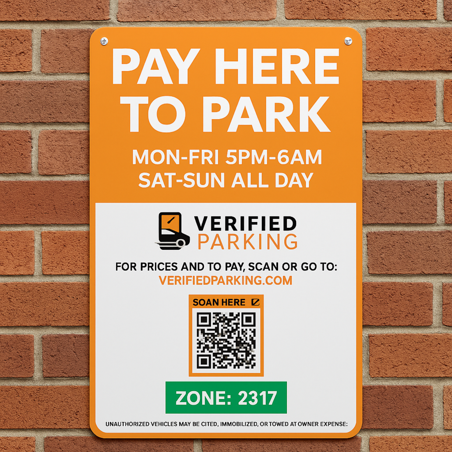QR Parking Sign – “Scan to Pay” with Zone & Hours