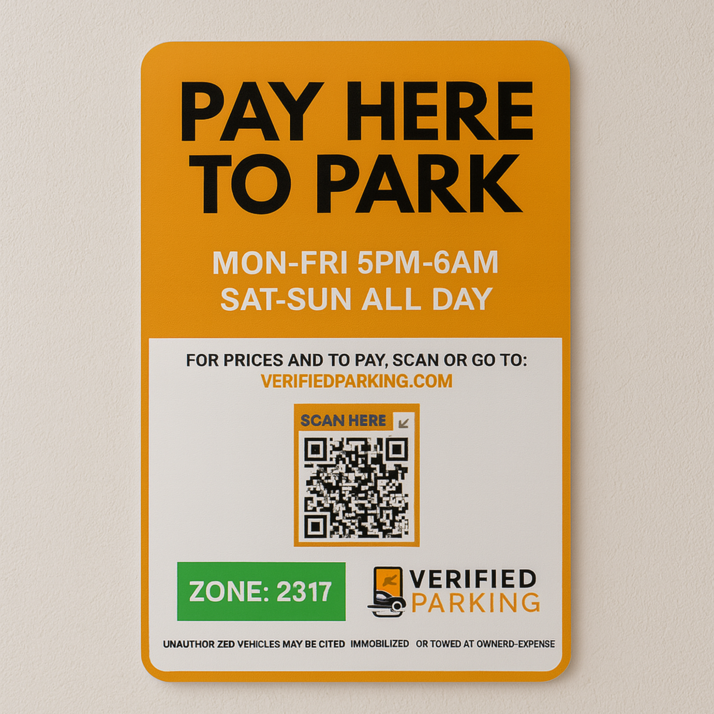 QR Parking Sign – “Scan to Pay” with Zone & Hours